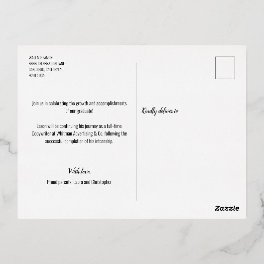 男性カスタム大学院写真研究科スクリプトオーバーレイ 箔シーズンポストカード (裏面)