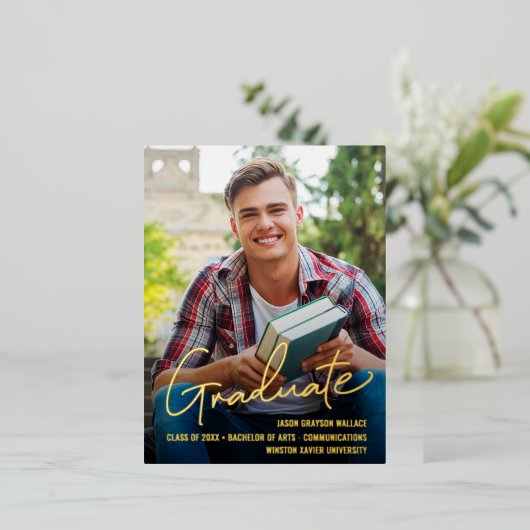 男性カスタム大学院写真研究科スクリプトオーバーレイ 箔シーズンポストカード (立ち正面)