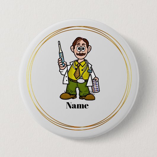 男性ドクター保持温度計とピルボタン 缶バッジ (正面)