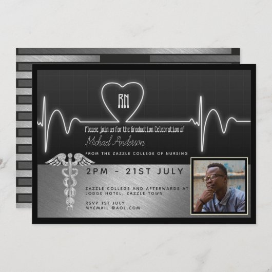 男性ナース卒業招待状- PHOTO Silver Bl 招待状 (正面/裏面)