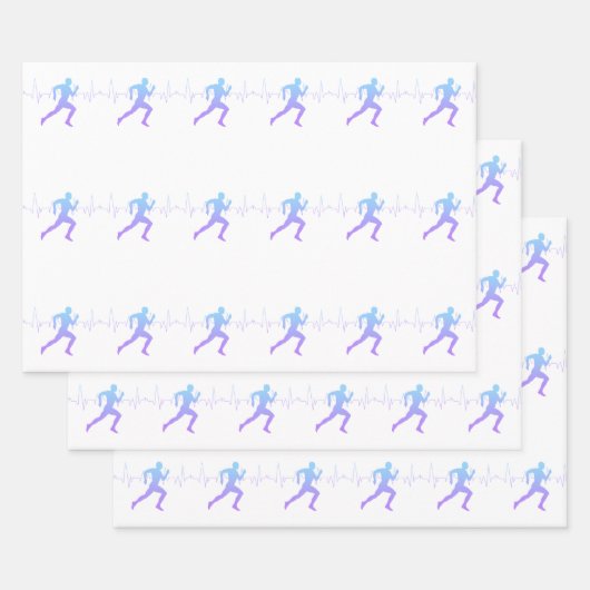 男性ランニングのシルエットグラデーションとハートビートライン ラッピングペーパーシート (セット)