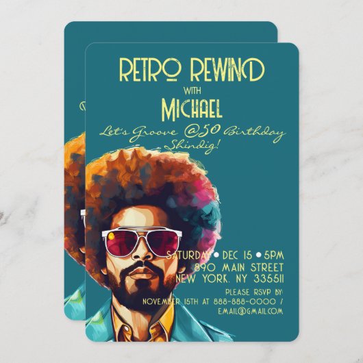 男性レトロ巻き戻し50誕生日Shindigパーティー 招待状 (正面/裏面)
