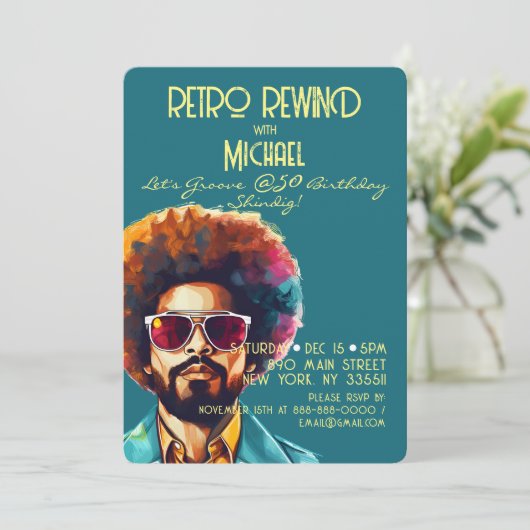 男性レトロ巻き戻し50誕生日Shindigパーティー 招待状 (スタンド正面)