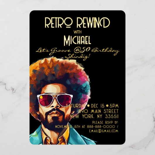 男性レトロ巻き戻し50誕生日Shindigパーティー 箔招待状 (正面)