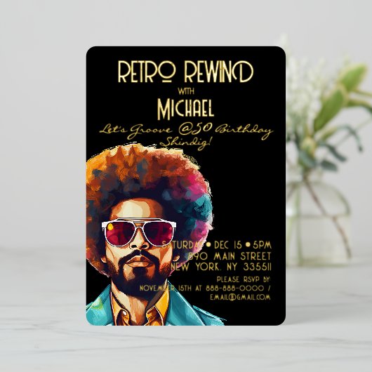 男性レトロ巻き戻し50誕生日Shindigパーティー 箔招待状 (立ち正面)