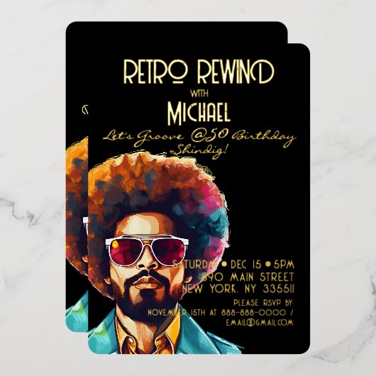 男性レトロ巻き戻し50誕生日Shindigパーティー 箔招待状 (正面/裏面)