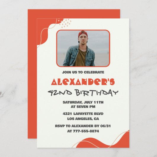 男性写真42歳の誕生日招待状赤モダン色 招待状 (正面/裏面)