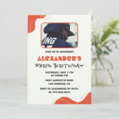 男性写真53歳の誕生日招待状赤モダン色 招待状 (スタンド正面)