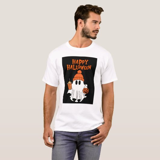 男性向けの快適なハロウィーンの基本的な黒Tシャツ Tシャツ (正面フル)