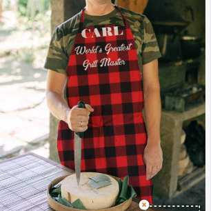 男性向けの赤と黒のランバージャック柄のBBQエプロン エプロン