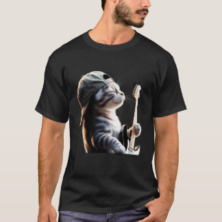 男性向けエレクトリックアコースティックギターを演奏する面白い猫 Tシャツ