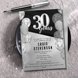 男性向けブラックシルバーバルーン 30歳の誕生日 招待状