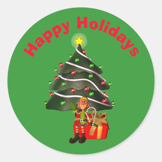 男性小妖精や小人クリスマスツリーホリデイ  ラウンドシール (正面)