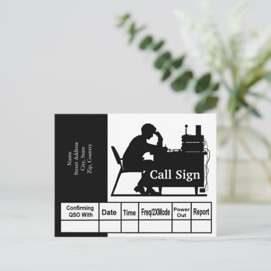 男性用ハムラジオオペレーター黒シルエットQSLカード ポストカード (スタンド正面)
