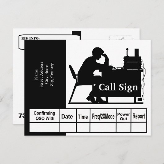 男性用ハムラジオオペレーター黒シルエットQSLカード ポストカード (正面/裏面)