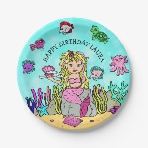 男性的かわいらしブロンド人魚の誕生日パーティー ペーパープレート