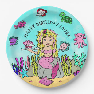 男性的かわいらしブロンド人魚の誕生日パーティー ペーパープレート