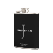 男性的なブラック＆ホワイトのイニシャル＋名前のモノグラム フラスク (左)