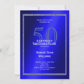 男性的なブルー & グリッター フレーム 50歳の誕生日 招待状 (正面)