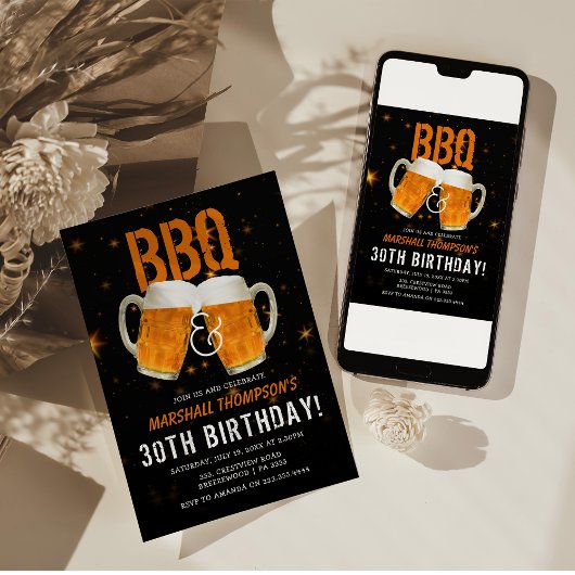 男性的BBQとビールの誕生日パーティー 招待状