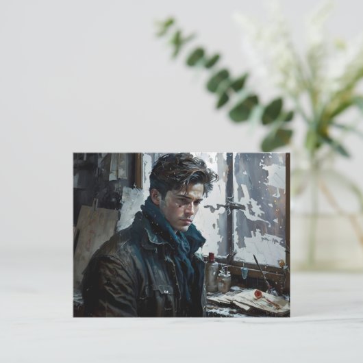 男性詩人の美しいポートレートの冬のはっきりした芸術 ポストカード (スタンド正面)