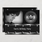 男性21歳の誕生日パーティーブラックメタルルックイメージ 招待状 (正面/裏面)