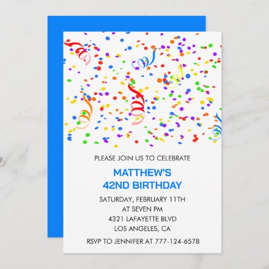 男性42歳の誕生日招待状レインボー紙吹雪 招待状 (正面/裏面)