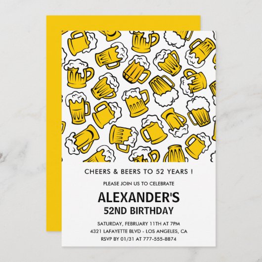 男性52歳の誕生日招待状 乾杯とビール 招待状 (正面/裏面)