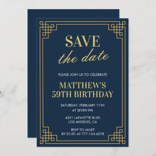 男性59歳の誕生日招待状日付を保存する海軍 招待状 (正面/裏面)