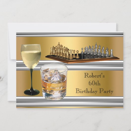 男性60歳誕生日パーティーチェスセット ドリンク ゴールド 招待状 (正面)