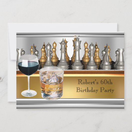 男性60歳誕生日パーティーチェスセット メタル スコッチ 招待状 (正面)