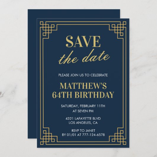 男性64歳の誕生日招待状日付を保存Navy 招待状 (正面/裏面)