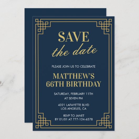男性66歳の誕生日招待状日付を保存Navy 招待状 (正面/裏面)