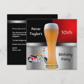 男性70歳の誕生日パーティー 赤ビール バイク 招待状 (正面/裏面)
