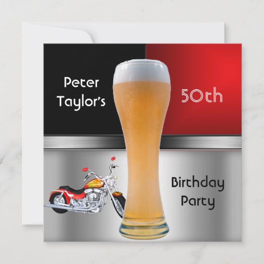 男性70歳の誕生日パーティー 赤ビール バイク 招待状 (正面)