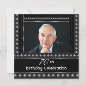 男性70歳の誕生日パーティー 黒 白 銀 招待状 (正面)