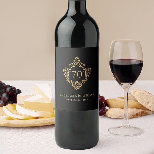 男性70番目の誕生日エレガントヴィンテージブラック金ゴールドクレスト ワインラベル