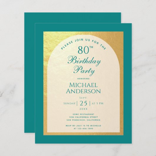 男性80番目の誕生日フェイク金ゴールドティール(緑がかった色)予算招待状 (正面/裏面)