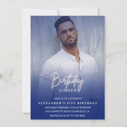 男性 ディナー フォト ネイビーブルー 61歳の誕生日 招待状 (正面)