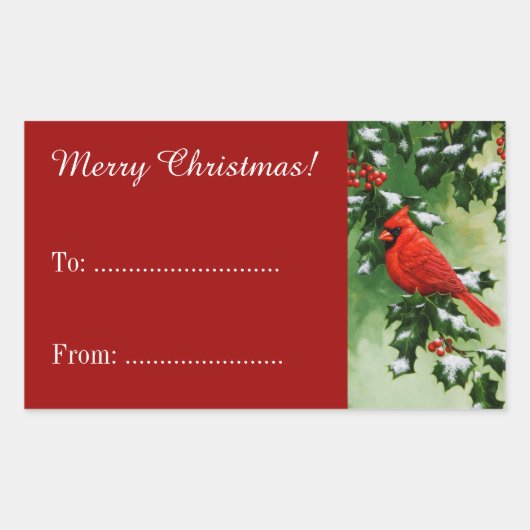 男性(鳥)ショウジョウコウカンチョウとホリーブランチ赤 長方形シール (正面)