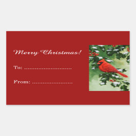 男性（鳥）ショウジョウコウカンチョウとホリーブランチ赤 長方形シール