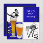 男性 50歳 誕生日 青チェック レトロ ガール ビール 招待状 (正面/裏面)