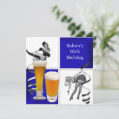 男性 50歳 誕生日 青チェック レトロ ガール ビール 招待状 (スタンド正面)