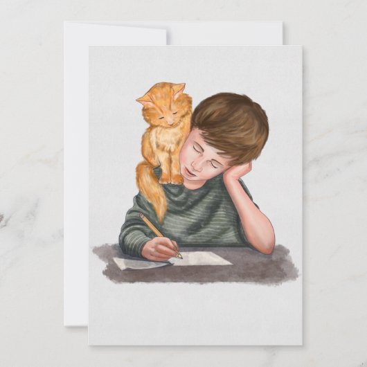 男書の子、肩に猫、手作り/クラシック シーズンカード (正面)