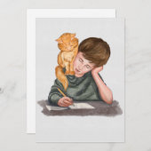男書の子、肩に猫、手作り/クラシック シーズンカード (正面/裏面)
