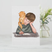 男書の子、肩に猫、手作り/クラシック シーズンカード (スタンド正面)