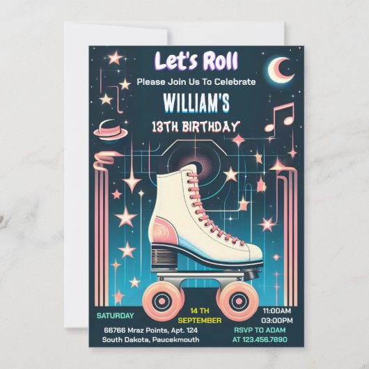 男楽しむクール子女子ローラースケートで滑る13誕生日 招待状 (正面)