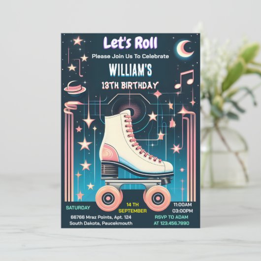男楽しむクール子女子ローラースケートで滑る13誕生日 招待状 (スタンド正面)