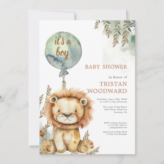 男気球のライオンの赤ちゃんシャワー 招待状 (正面)