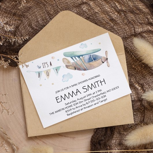 男水彩飛行機の男の赤ちゃん 招待状